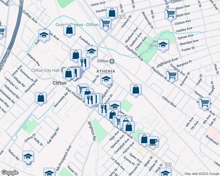 map of restaurants, bars, coffee shops, grocery stores, and more near 71 Mount Prospect Avenue in Clifton
