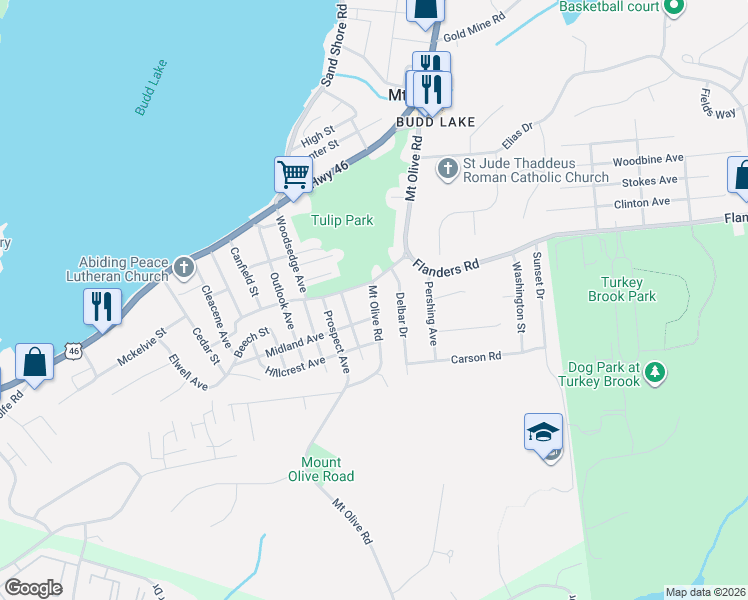 map of restaurants, bars, coffee shops, grocery stores, and more near 60 Mount Olive Road in Mount Olive