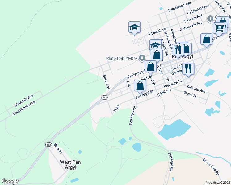 map of restaurants, bars, coffee shops, grocery stores, and more near 816 William Street in Pen Argyl