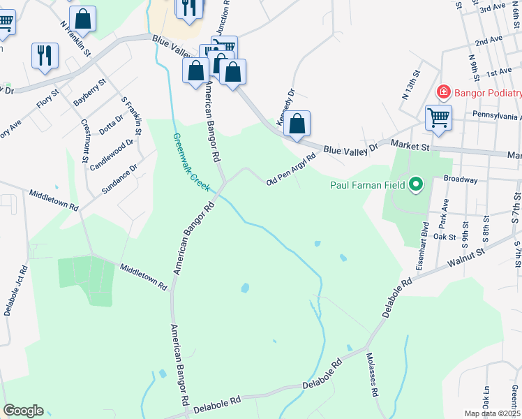 map of restaurants, bars, coffee shops, grocery stores, and more near 75 Old Pen Argyl Road in Bangor