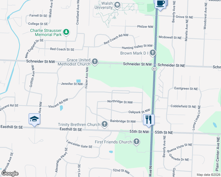 map of restaurants, bars, coffee shops, grocery stores, and more near 405 Brookpoint Street Northwest in North Canton