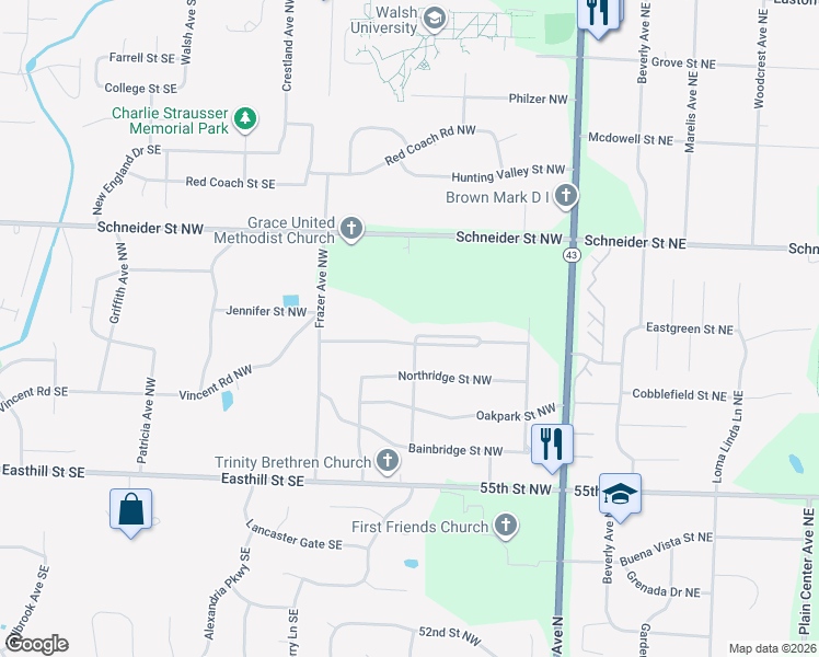 map of restaurants, bars, coffee shops, grocery stores, and more near 405 Brookpoint Street Northwest in North Canton