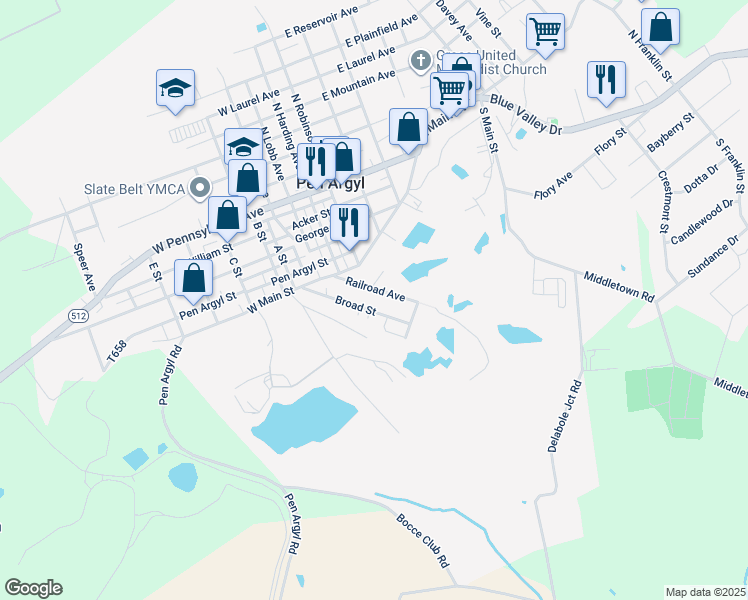 map of restaurants, bars, coffee shops, grocery stores, and more near 484 Broad Street in Pen Argyl