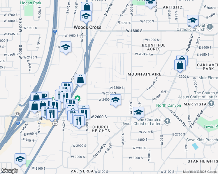 map of restaurants, bars, coffee shops, grocery stores, and more near 348 West 2300 South in Bountiful
