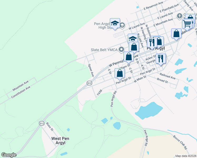map of restaurants, bars, coffee shops, grocery stores, and more near 817 George Street in Pen Argyl