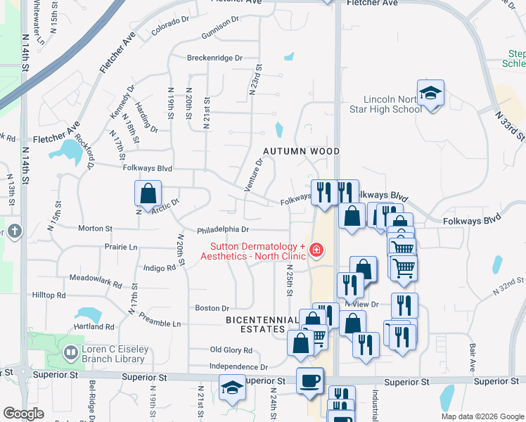 map of restaurants, bars, coffee shops, grocery stores, and more near 2316 Philadelphia Drive in Lincoln