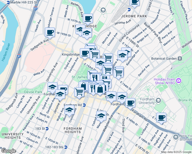 map of restaurants, bars, coffee shops, grocery stores, and more near 2605 Grand Concourse in Bronx