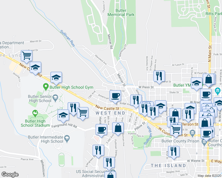 map of restaurants, bars, coffee shops, grocery stores, and more near 217 Cleveland Street in Butler
