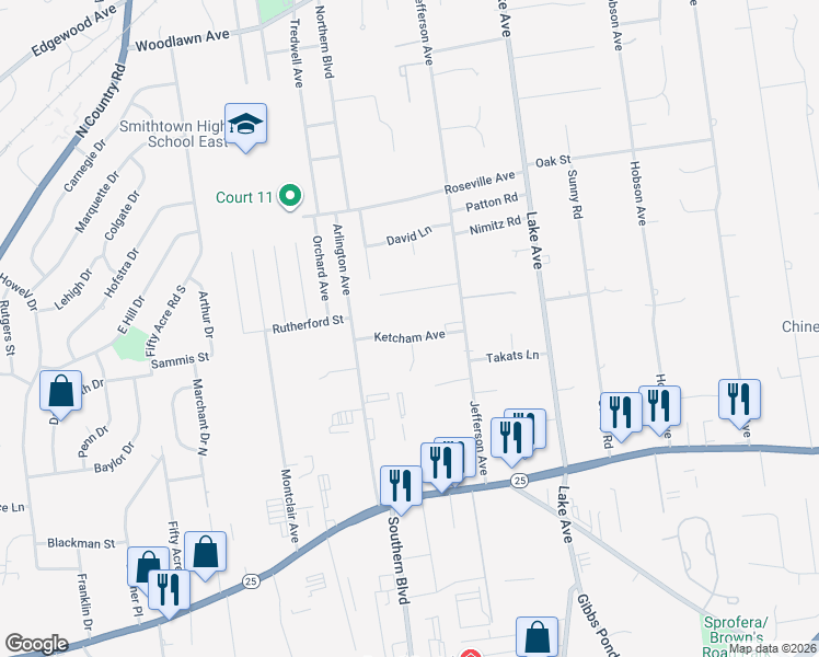 map of restaurants, bars, coffee shops, grocery stores, and more near 5 Ketchum Avenue in Saint James