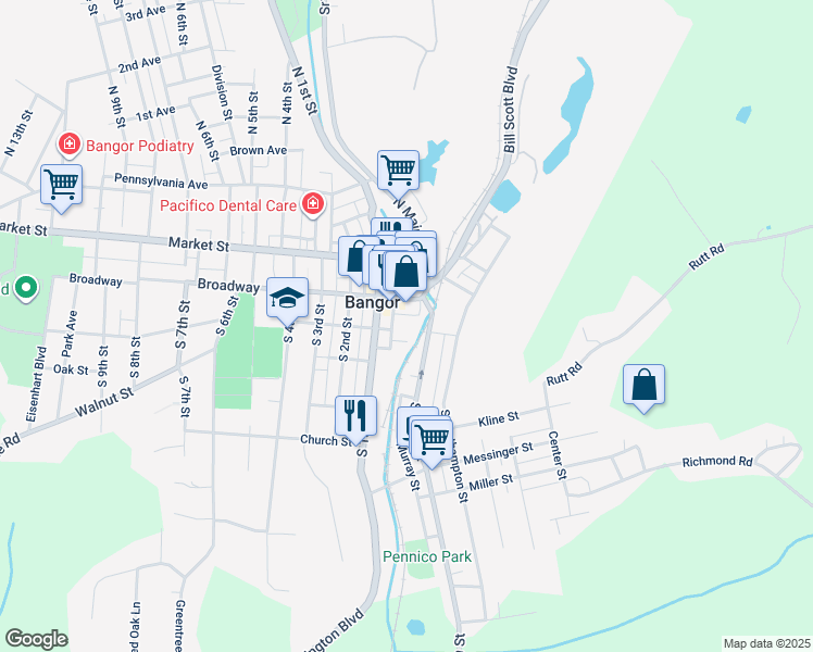 map of restaurants, bars, coffee shops, grocery stores, and more near 101 Murray Street in Bangor