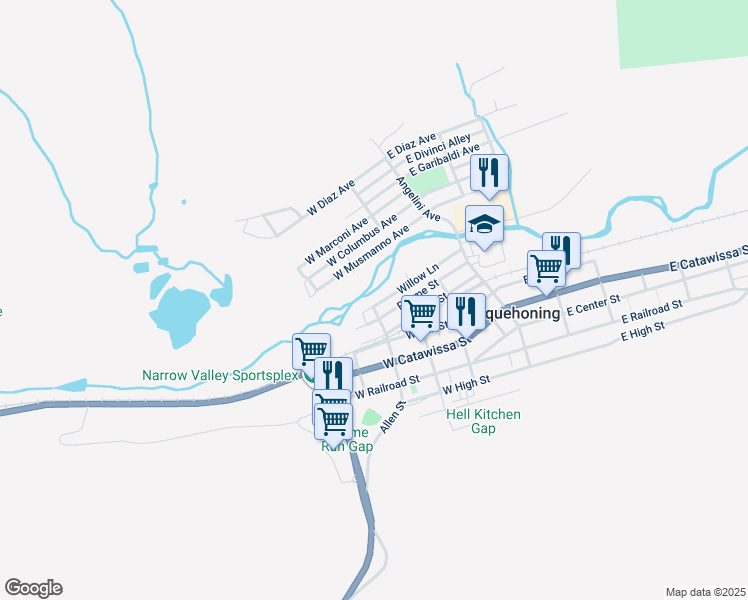 map of restaurants, bars, coffee shops, grocery stores, and more near 150 Willow Lane in Nesquehoning