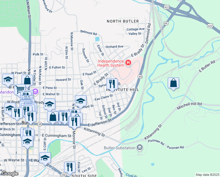 map of restaurants, bars, coffee shops, grocery stores, and more near 307 2nd Street in Butler