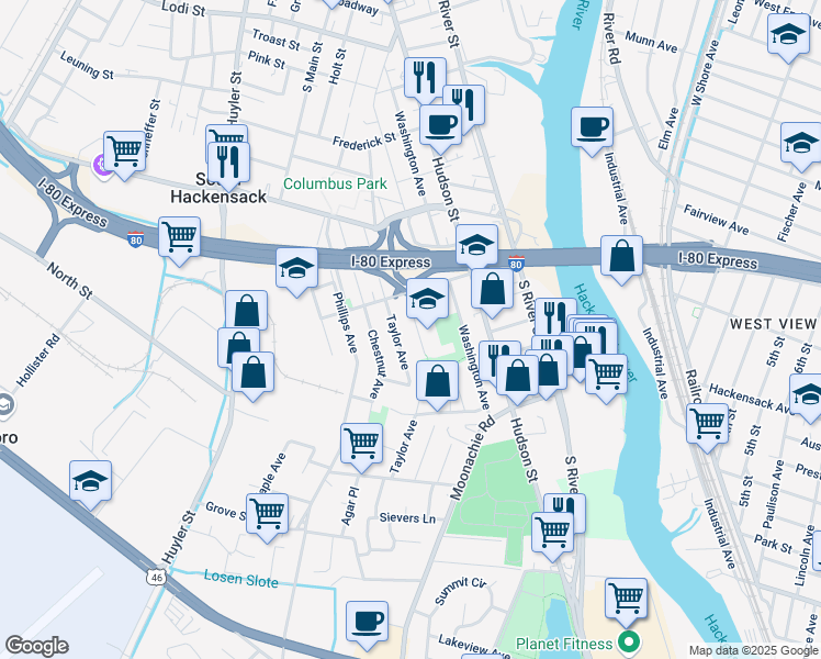 map of restaurants, bars, coffee shops, grocery stores, and more near 425 Williams Avenue in Hackensack