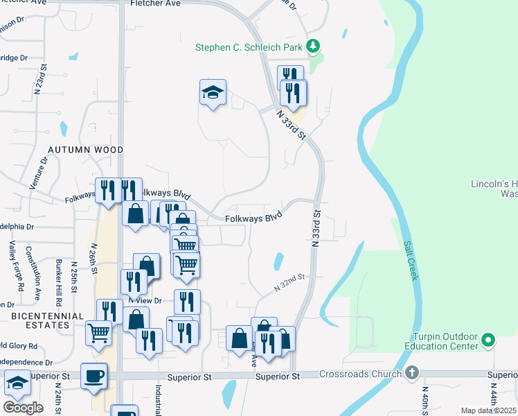 map of restaurants, bars, coffee shops, grocery stores, and more near 3165 King Ridge Boulevard in Lincoln