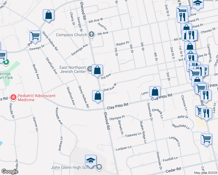map of restaurants, bars, coffee shops, grocery stores, and more near 456 2nd Avenue West in East Northport