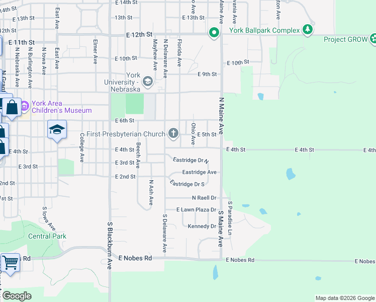 map of restaurants, bars, coffee shops, grocery stores, and more near 11 Eastridge Drive North in York