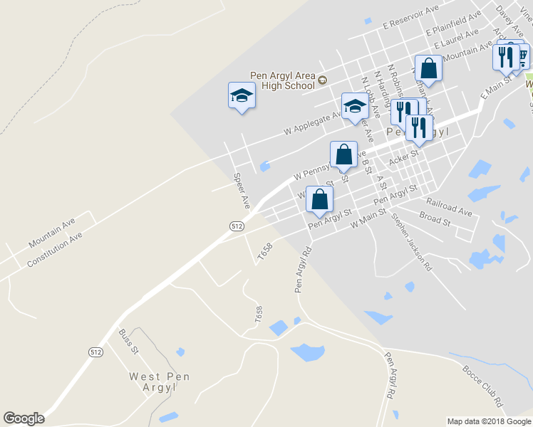 map of restaurants, bars, coffee shops, grocery stores, and more near 816 William Street in Pen Argyl