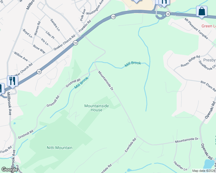 map of restaurants, bars, coffee shops, grocery stores, and more near 55 Mountainside Drive in Randolph