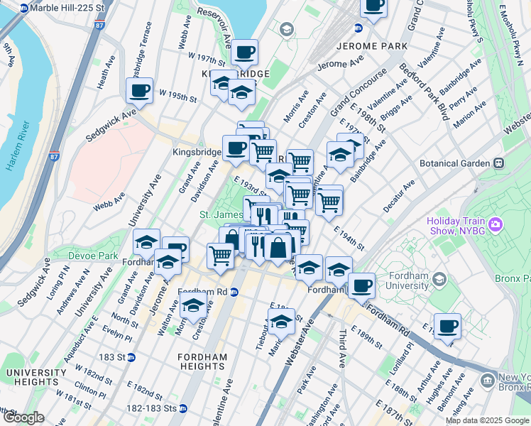 map of restaurants, bars, coffee shops, grocery stores, and more near 2605 Grand Concourse in Bronx