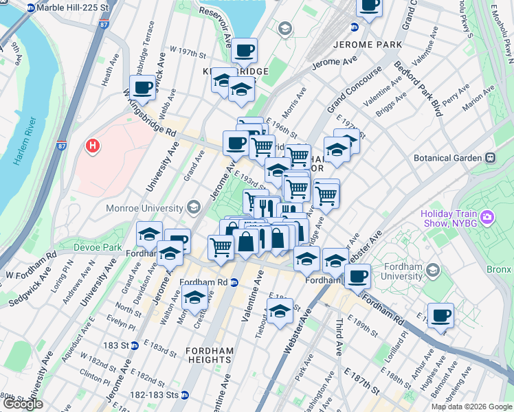 map of restaurants, bars, coffee shops, grocery stores, and more near 2585 Grand Concourse in Bronx
