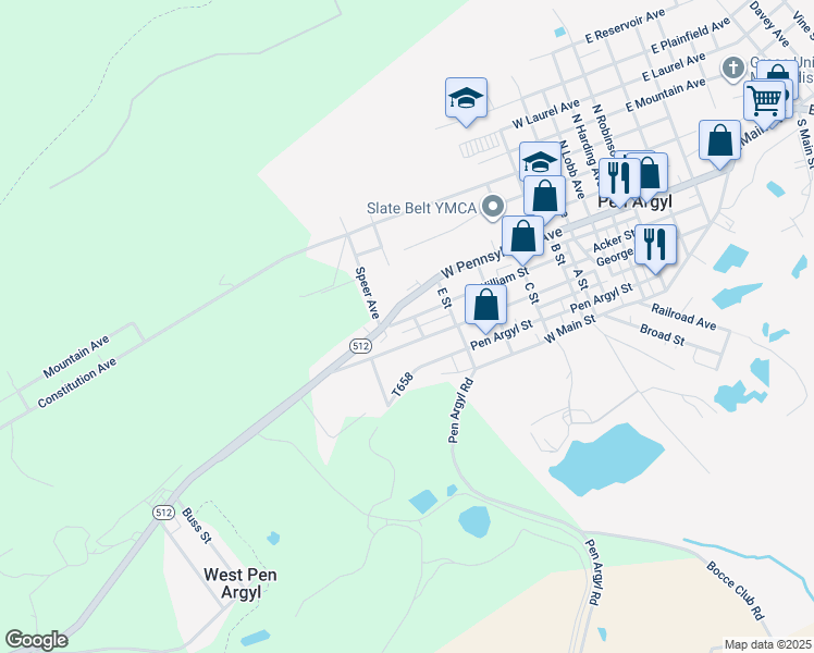 map of restaurants, bars, coffee shops, grocery stores, and more near 802 William Street in Pen Argyl