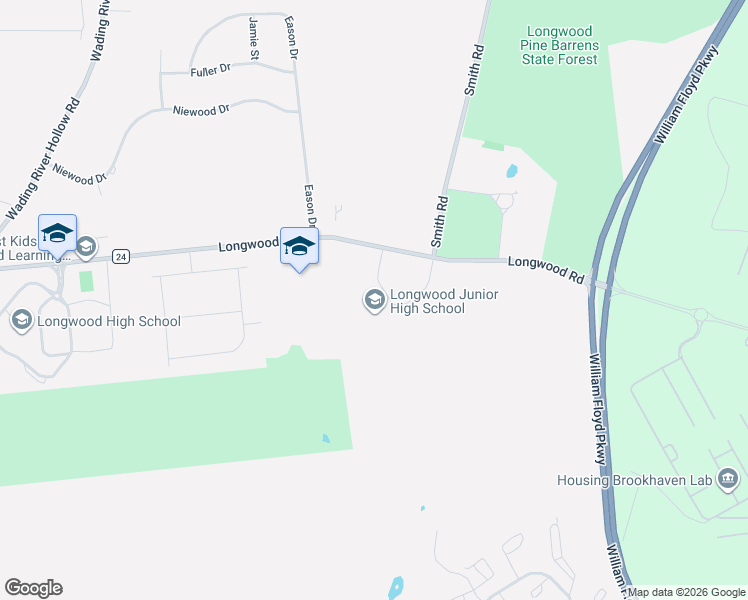 map of restaurants, bars, coffee shops, grocery stores, and more near Smith Road in Yaphank