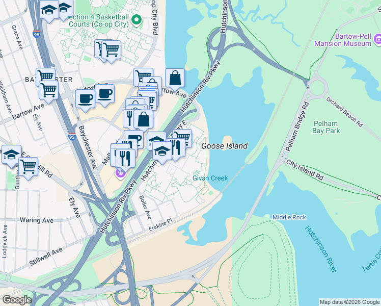 map of restaurants, bars, coffee shops, grocery stores, and more near 100-1 Elgar Place in Bronx