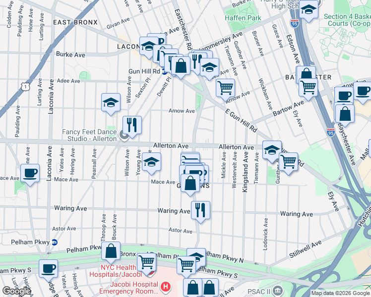 map of restaurants, bars, coffee shops, grocery stores, and more near 2561 Eastchester Road in The Bronx