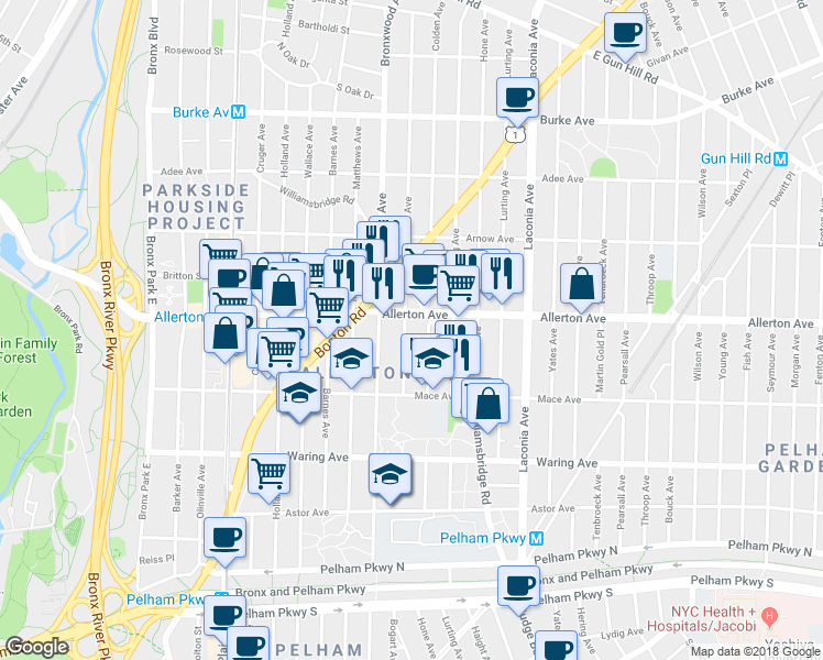 map of restaurants, bars, coffee shops, grocery stores, and more near 2555 Colden Avenue in Bronx