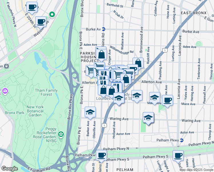 map of restaurants, bars, coffee shops, grocery stores, and more near 2544 Cruger Avenue in Bronx