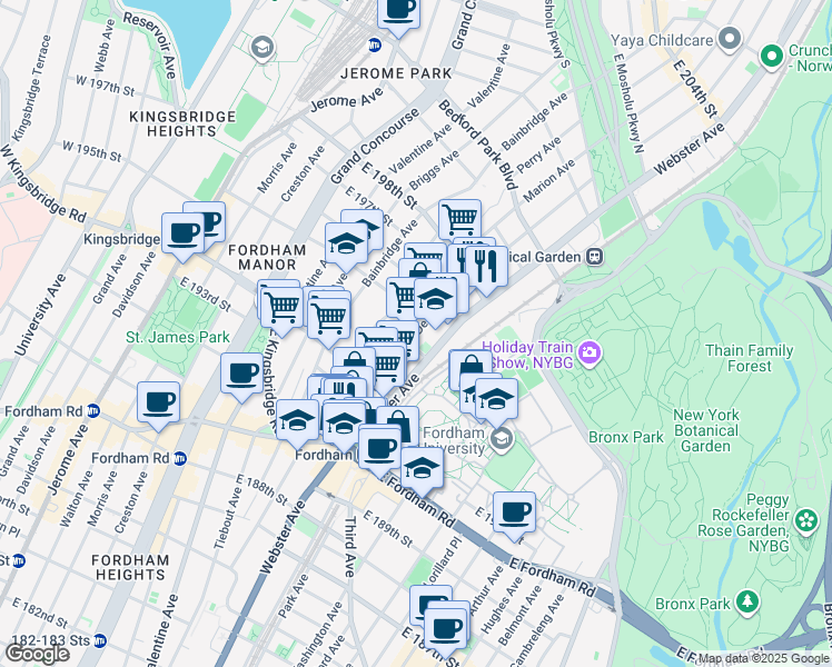 map of restaurants, bars, coffee shops, grocery stores, and more near in The Bronx