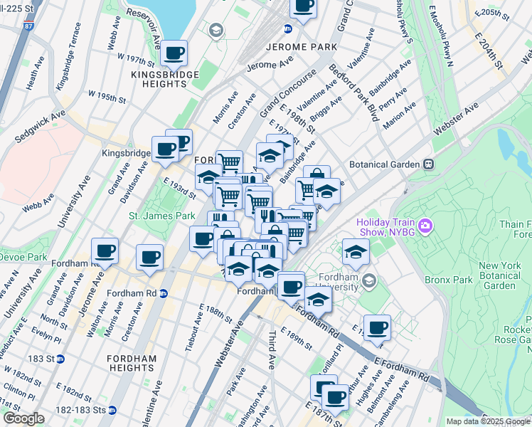 map of restaurants, bars, coffee shops, grocery stores, and more near 2652 Bainbridge Avenue in Bronx