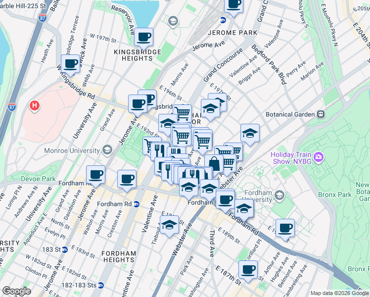 map of restaurants, bars, coffee shops, grocery stores, and more near in The Bronx