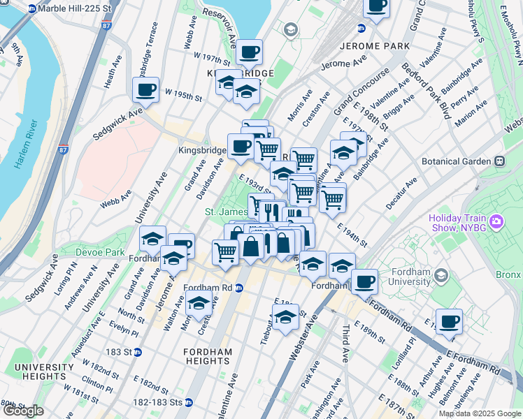 map of restaurants, bars, coffee shops, grocery stores, and more near 2585 Grand Concourse in Bronx