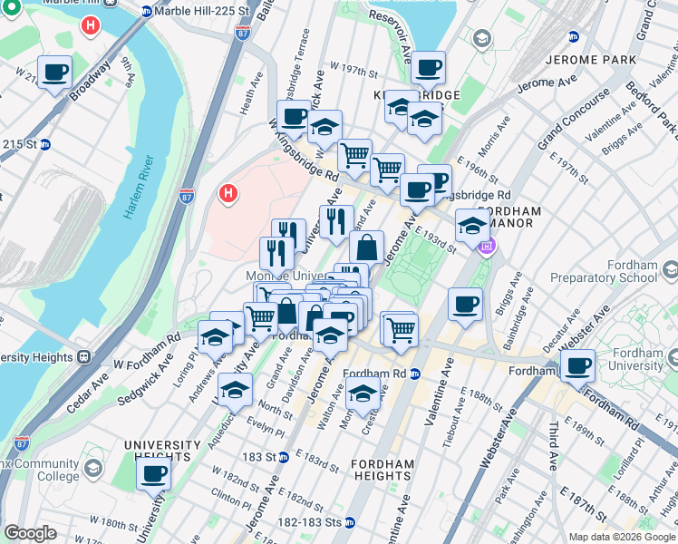 map of restaurants, bars, coffee shops, grocery stores, and more near 30 West 190th Street in Bronx