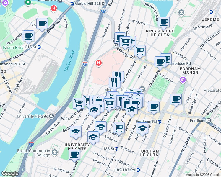 map of restaurants, bars, coffee shops, grocery stores, and more near 2472 Devoe Terrace in Bronx