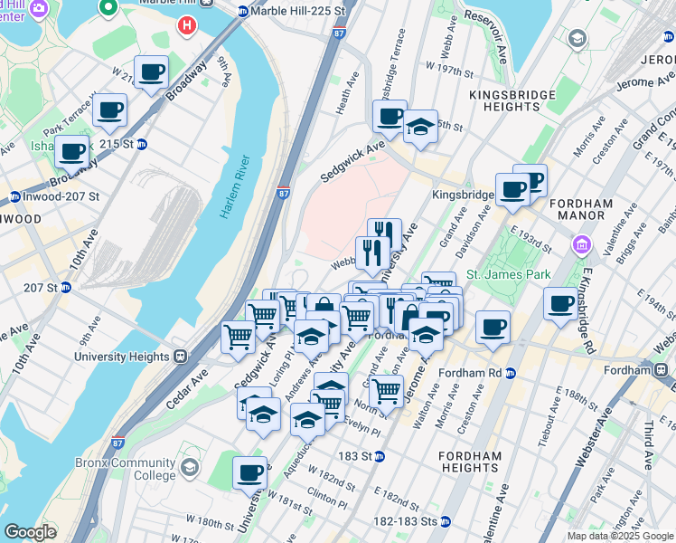 map of restaurants, bars, coffee shops, grocery stores, and more near 2420 Webb Avenue in Bronx