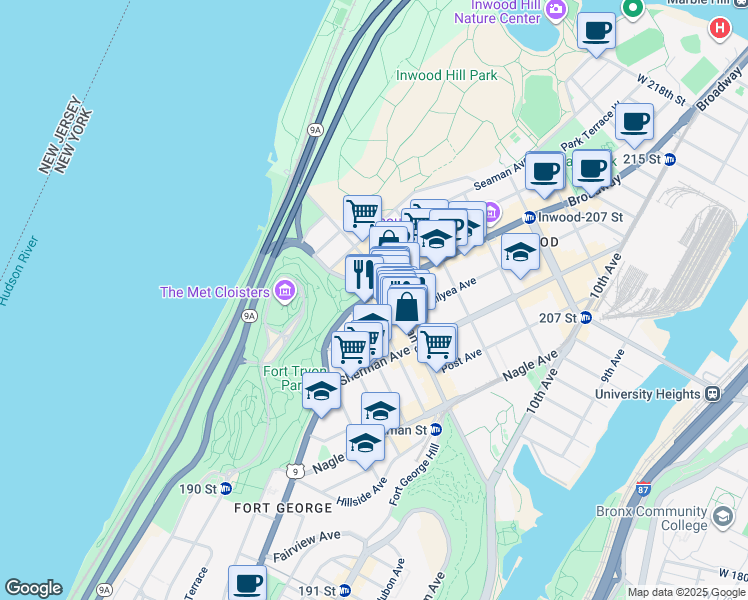 map of restaurants, bars, coffee shops, grocery stores, and more near 95 Thayer Street in New York