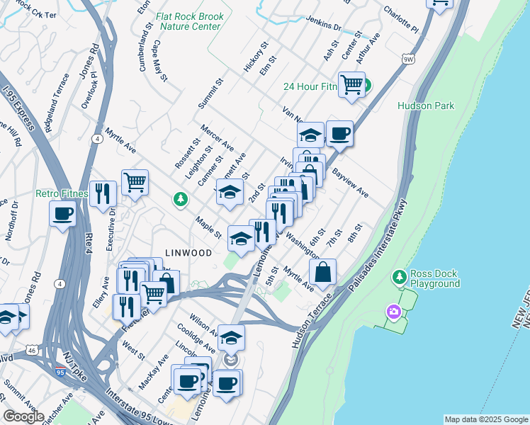map of restaurants, bars, coffee shops, grocery stores, and more near 234A Washington Avenue in Fort Lee