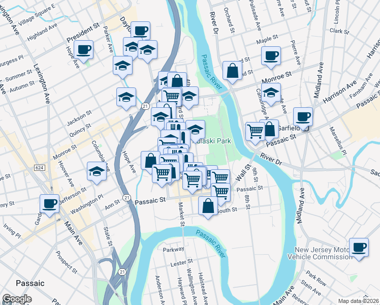 map of restaurants, bars, coffee shops, grocery stores, and more near 87 4th Street in Passaic