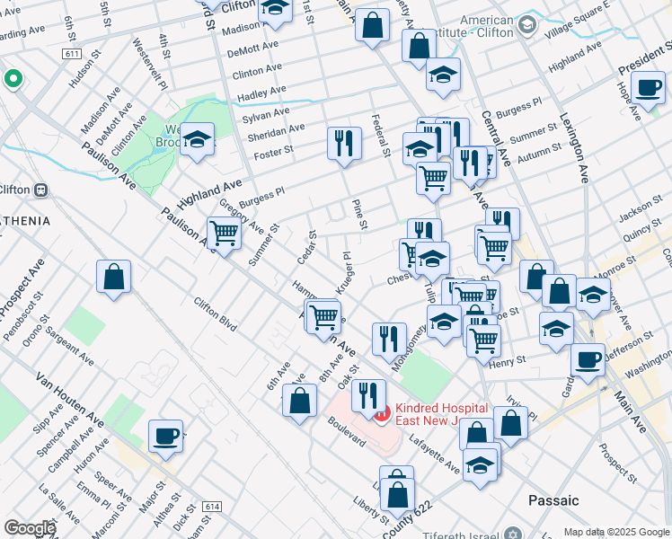 map of restaurants, bars, coffee shops, grocery stores, and more near 54 Krueger Place in Passaic
