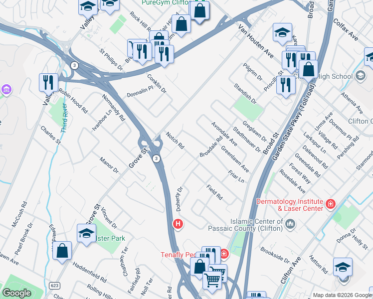 map of restaurants, bars, coffee shops, grocery stores, and more near 11 Lennon Place in Clifton