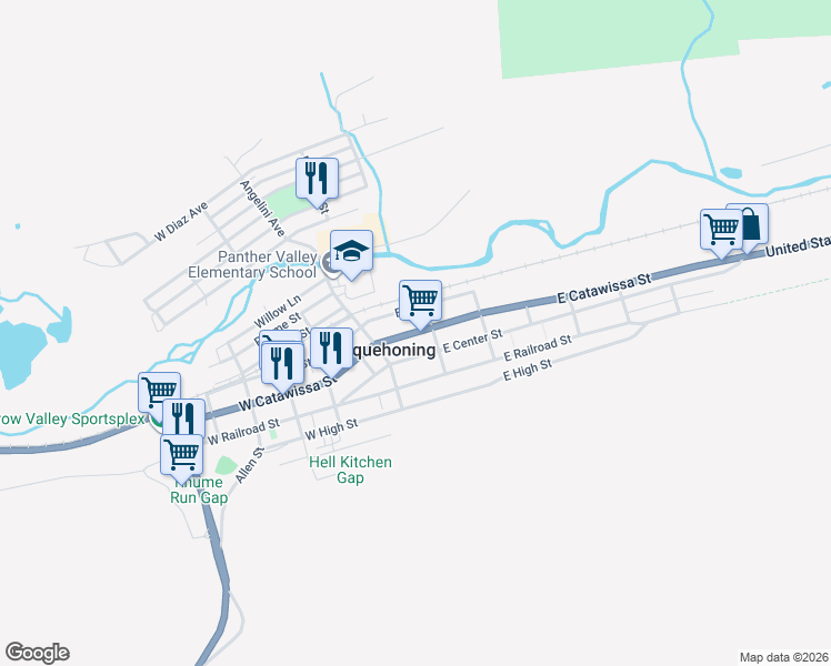 map of restaurants, bars, coffee shops, grocery stores, and more near 34 East Center Street in Nesquehoning