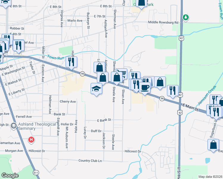 map of restaurants, bars, coffee shops, grocery stores, and more near 137 Steele Avenue in Ashland