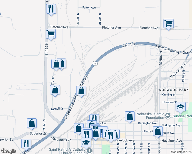 map of restaurants, bars, coffee shops, grocery stores, and more near 6101 Cornhusker Hwy in Lincoln