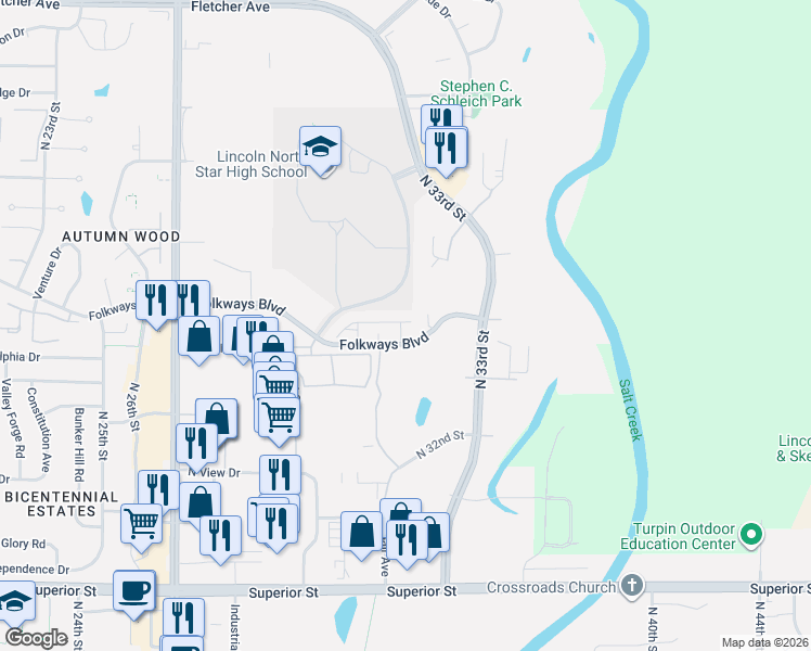 map of restaurants, bars, coffee shops, grocery stores, and more near in Lincoln