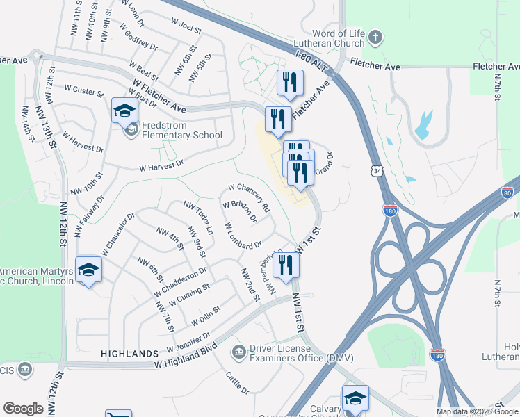 map of restaurants, bars, coffee shops, grocery stores, and more near 130 Chancery Court in Lincoln
