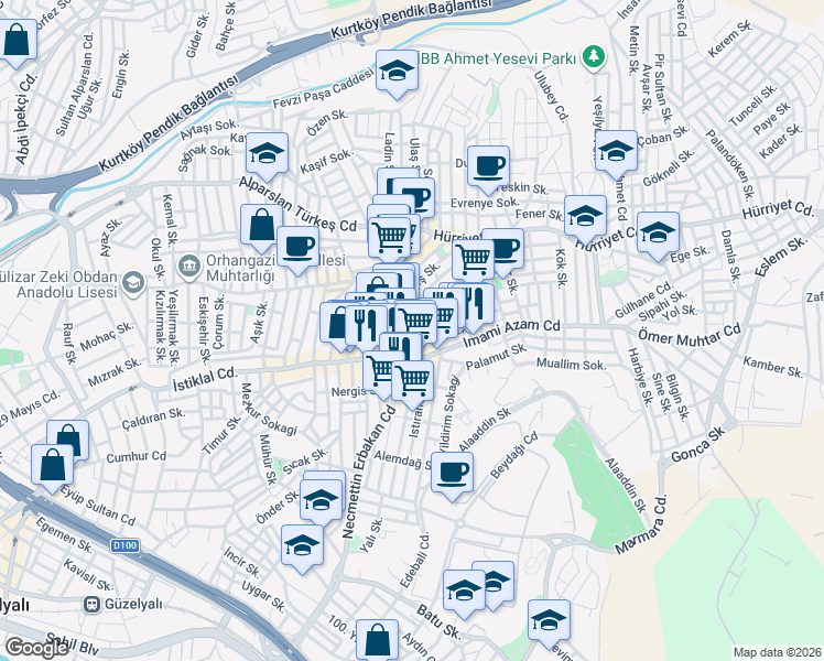 map of restaurants, bars, coffee shops, grocery stores, and more near in Pendik