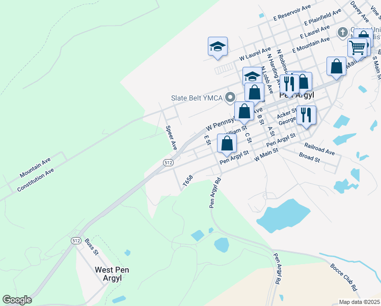 map of restaurants, bars, coffee shops, grocery stores, and more near 802 William Street in Pen Argyl