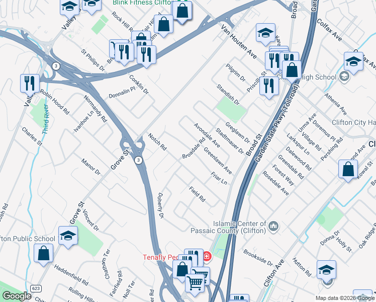 map of restaurants, bars, coffee shops, grocery stores, and more near 114 Notch Road in Clifton